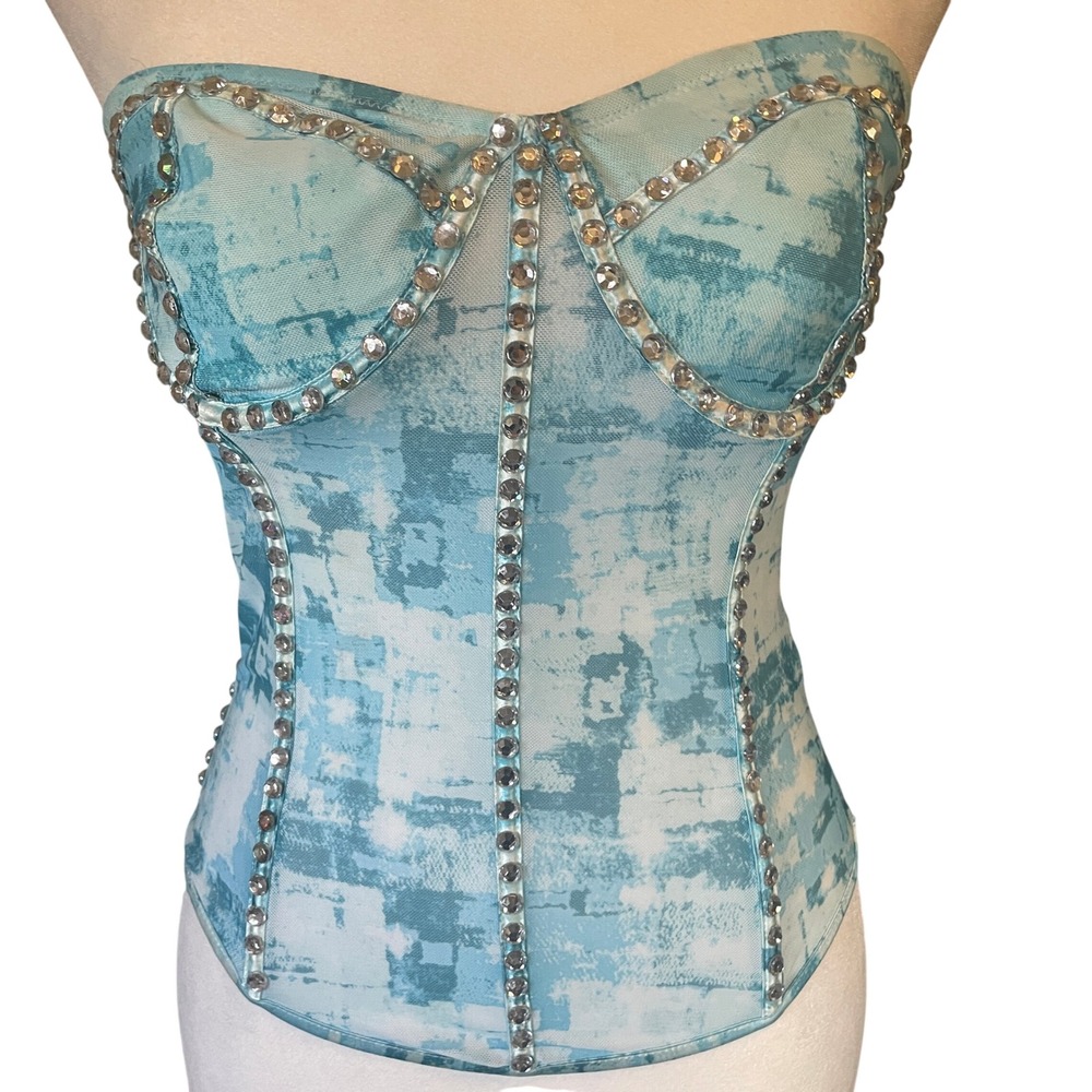 Womens Y2K Festival Ethereal Rhinestone Mesh Corset Top Size M Rave Celesstial